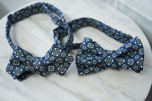 Blue-Brown Large Motifs Silk Linen Bow Tie (only 1 piece in each style)