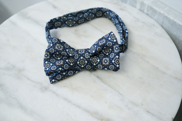 Blue-Brown Large Motifs Silk Linen Bow Tie (only 1 piece in each style)
