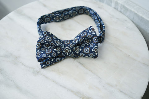 Blue-Brown Large Motifs Silk Linen Bow Tie (only 1 piece in each style)